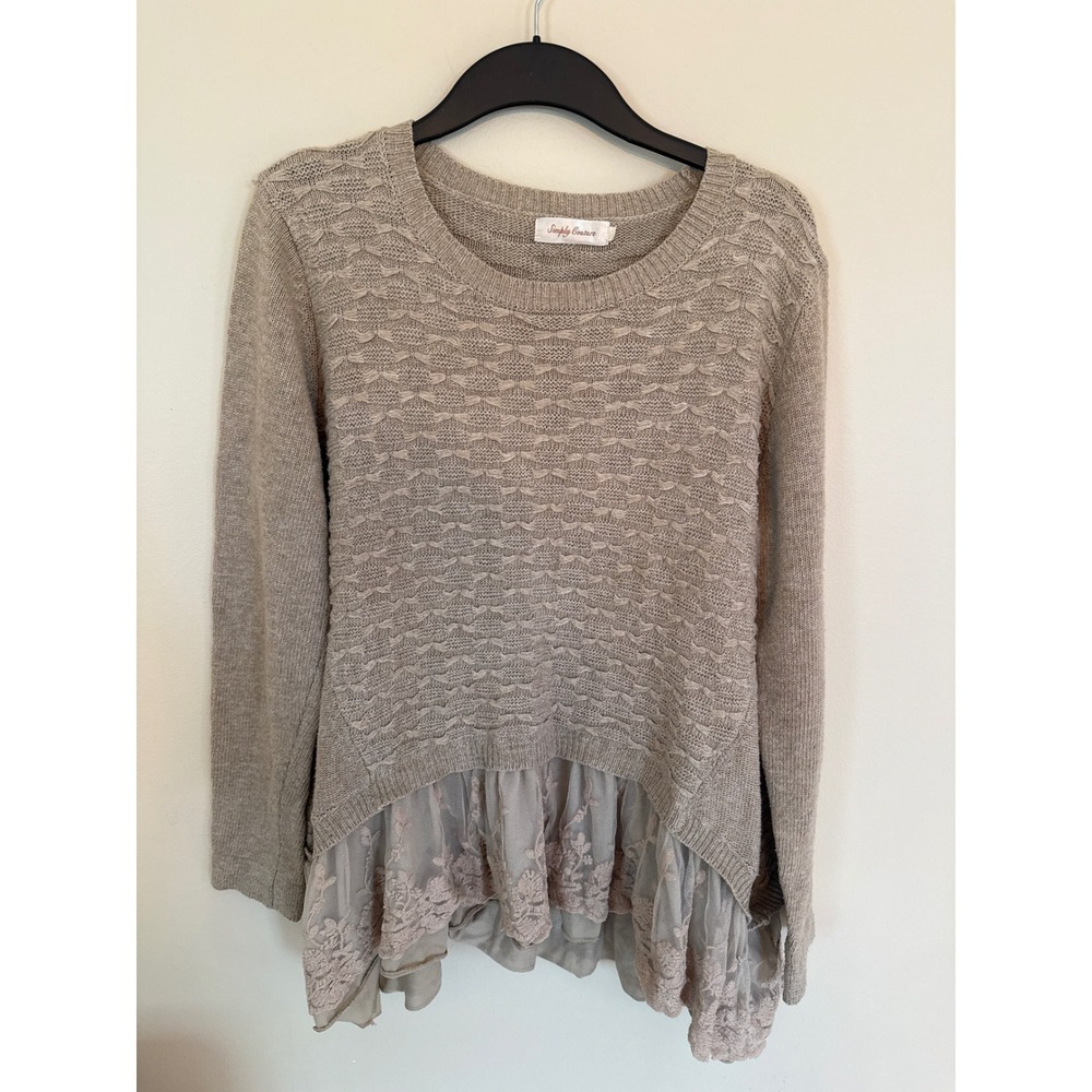 Simply Couture Women Taupe Beige Lace Trim Layered Hem Textured Knit Sweater L